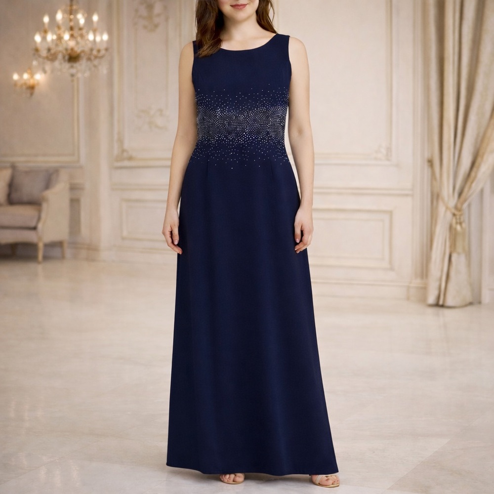 NWT Calvin Klein Navy Rhinestone Waist Formal Gown – Size 14